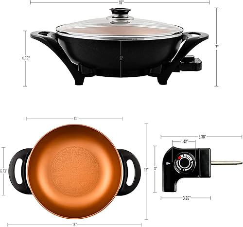 Miniatura 7 de Sartén eléctrica antiadherente de 13 pulgadas, para freír y hornear a vapor (5 cuartos de galón, cobre)