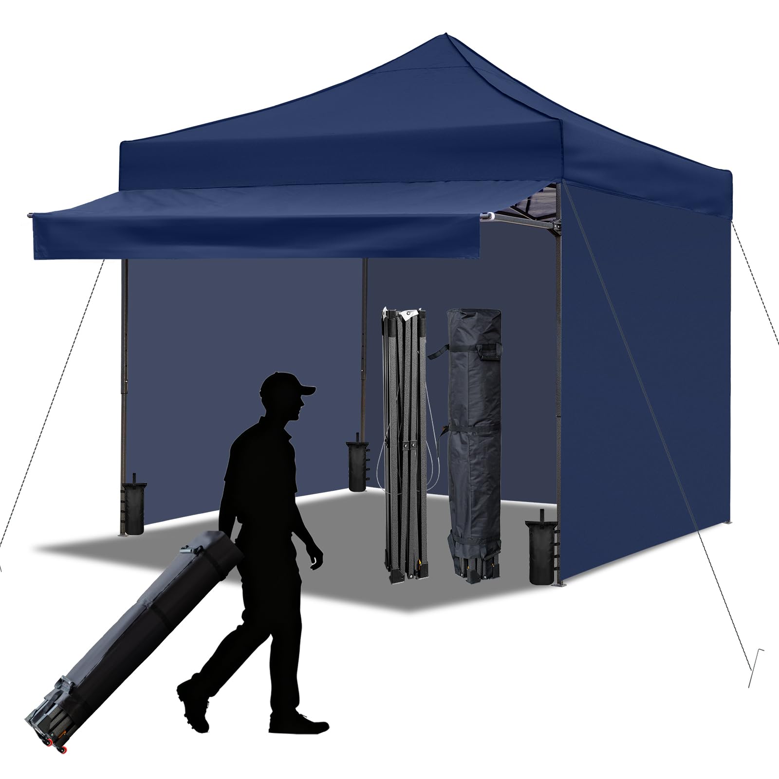 Photo 1 of 10x10 Durable Pop Up Canopy Tent with Sidewalls, Waterproof Attachable Tent Wall, Privacy Shade for Outdoor Events, Camping, Farmers Market (Navy Blue with Awning)