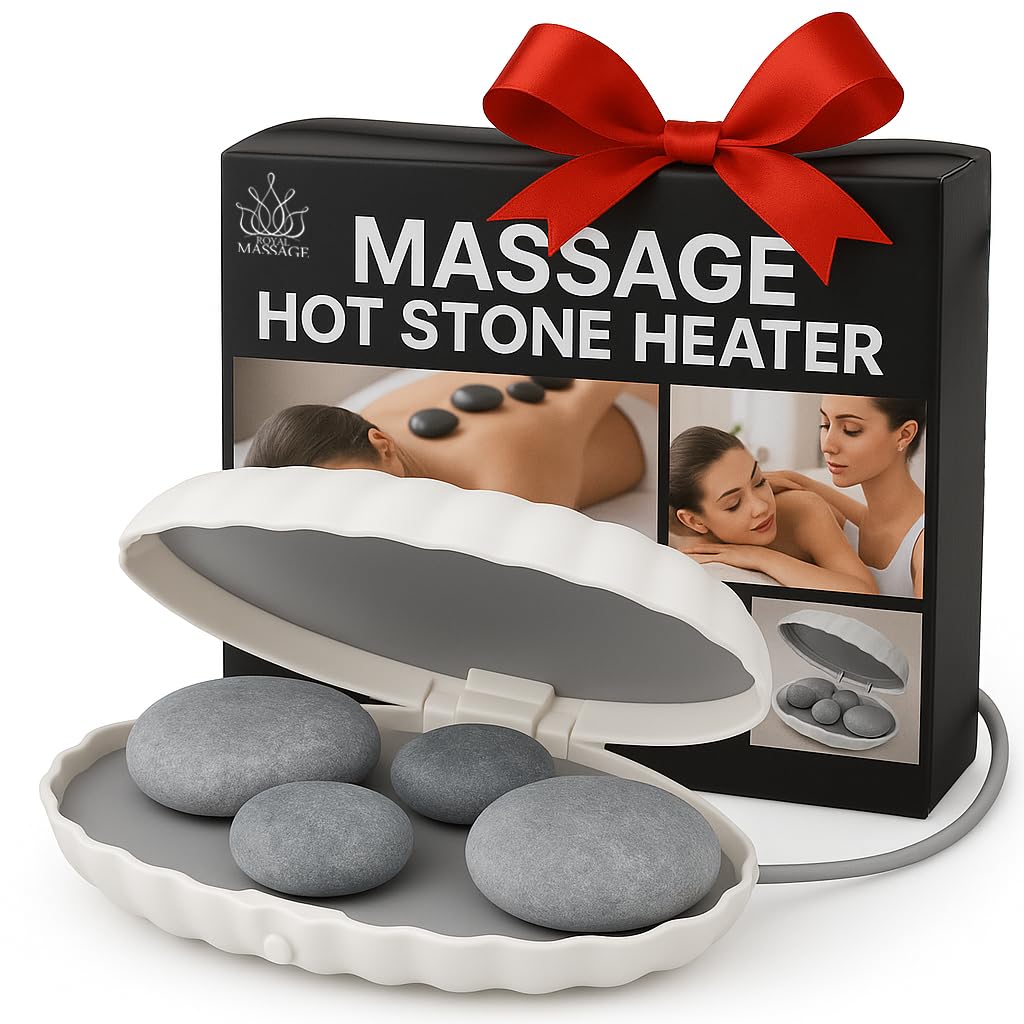 Royal Massage Clam Shell Hot Stone Heater – Electric Massage Stone Warmer for Natural Basalt Stones – Spa & Home Use – Compact, Fast Heating – Includes 4 Smooth Massage Stones