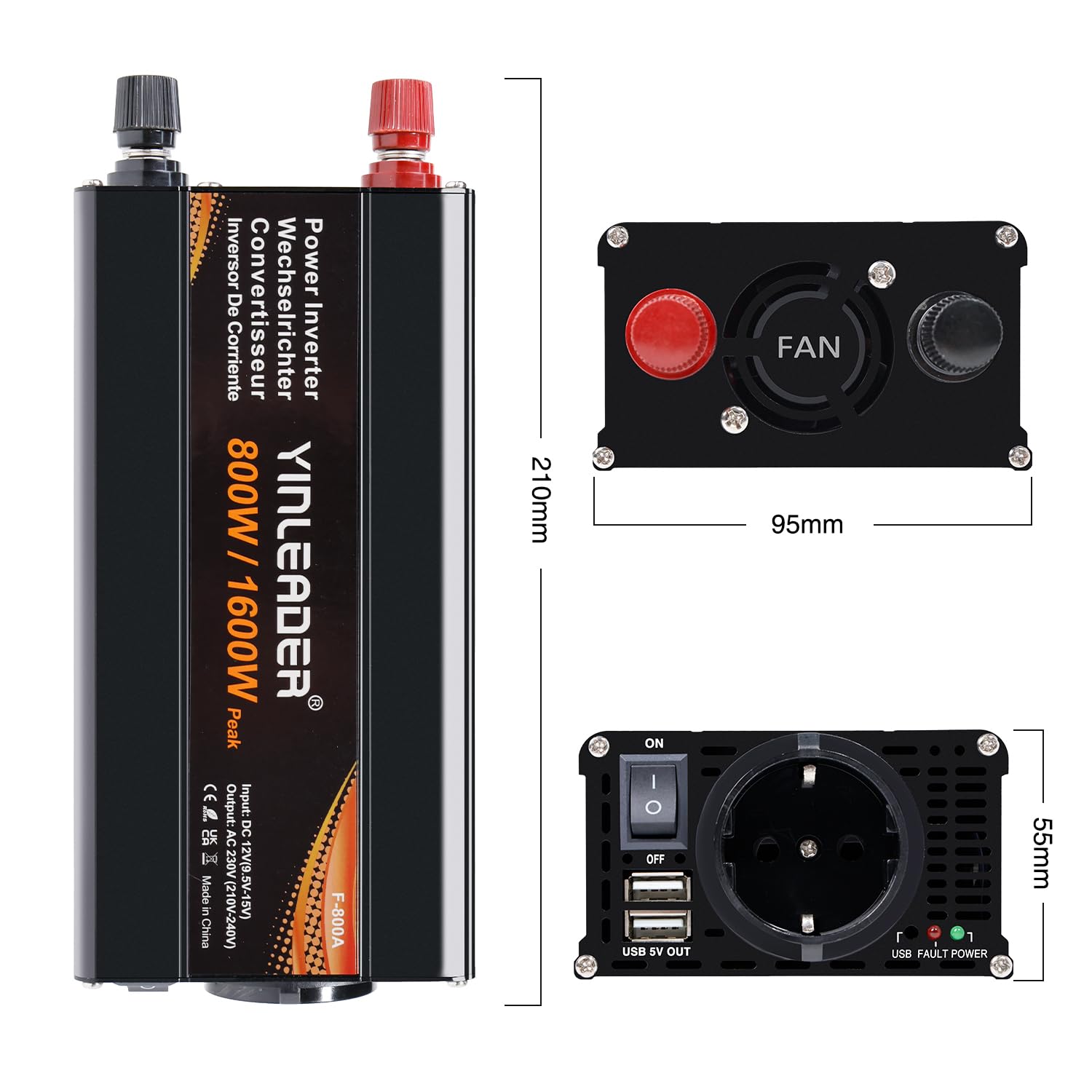 Yinleader 800W /1600W Wechselrichter 12V auf 230V KFZ Spannungswandler mit 1 EU Steckdose, 2 USB LED KFZ-Spannungswandler mit Zigarettenanzünder, für Auto, Camping, Wohnmobil