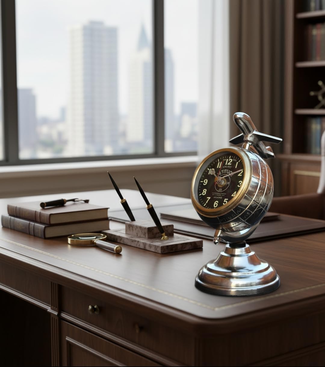Jet Clock for Home, Office. Embosed Silver Bedside Desk/Table Clock with Jet for Decoration. Brass & Aluminium Desk Clock with Jet with Free Compass Keychain.
