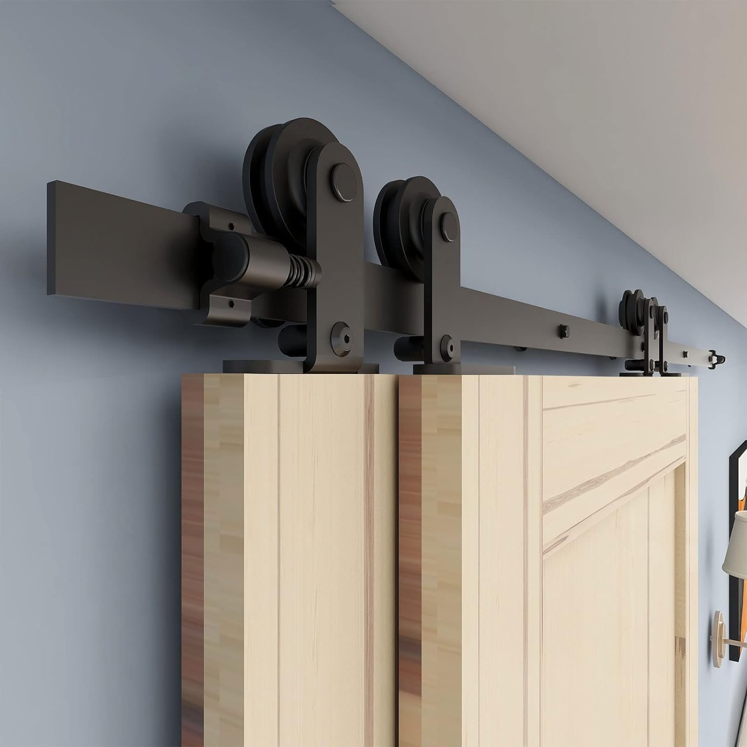 5FT/152CM Binario per Porta Scorrevole Kit per Coincide Doppia Porta Barn Bypass Sistema Nero Forma T