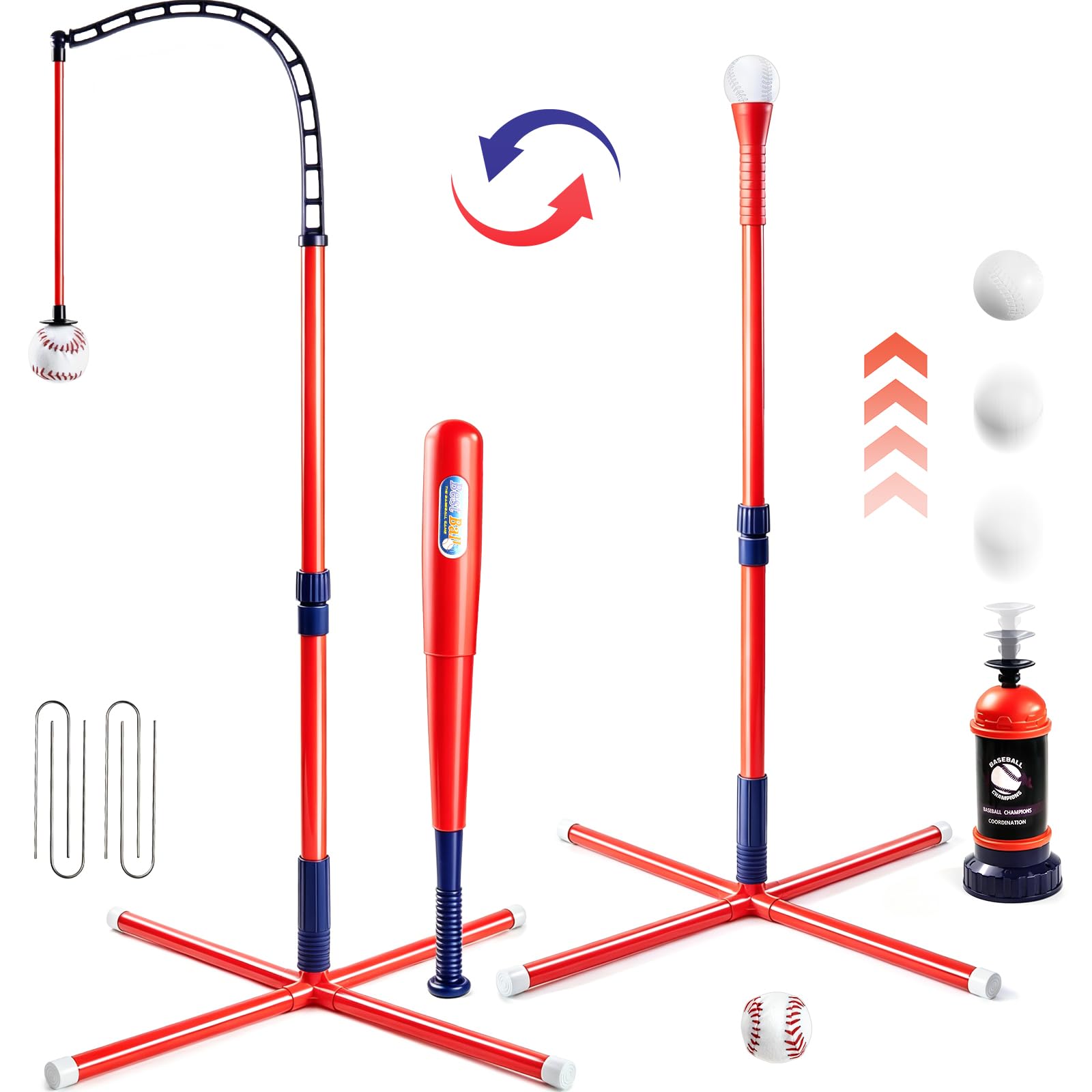 Juego de béisbol 3 en 1 para niños de 3 a 5, altura ajustable para colgar, juego de béisbol con raquetas, soporte para golpear pelotas en T, lanzador de pelotas, juguetes deportivos para