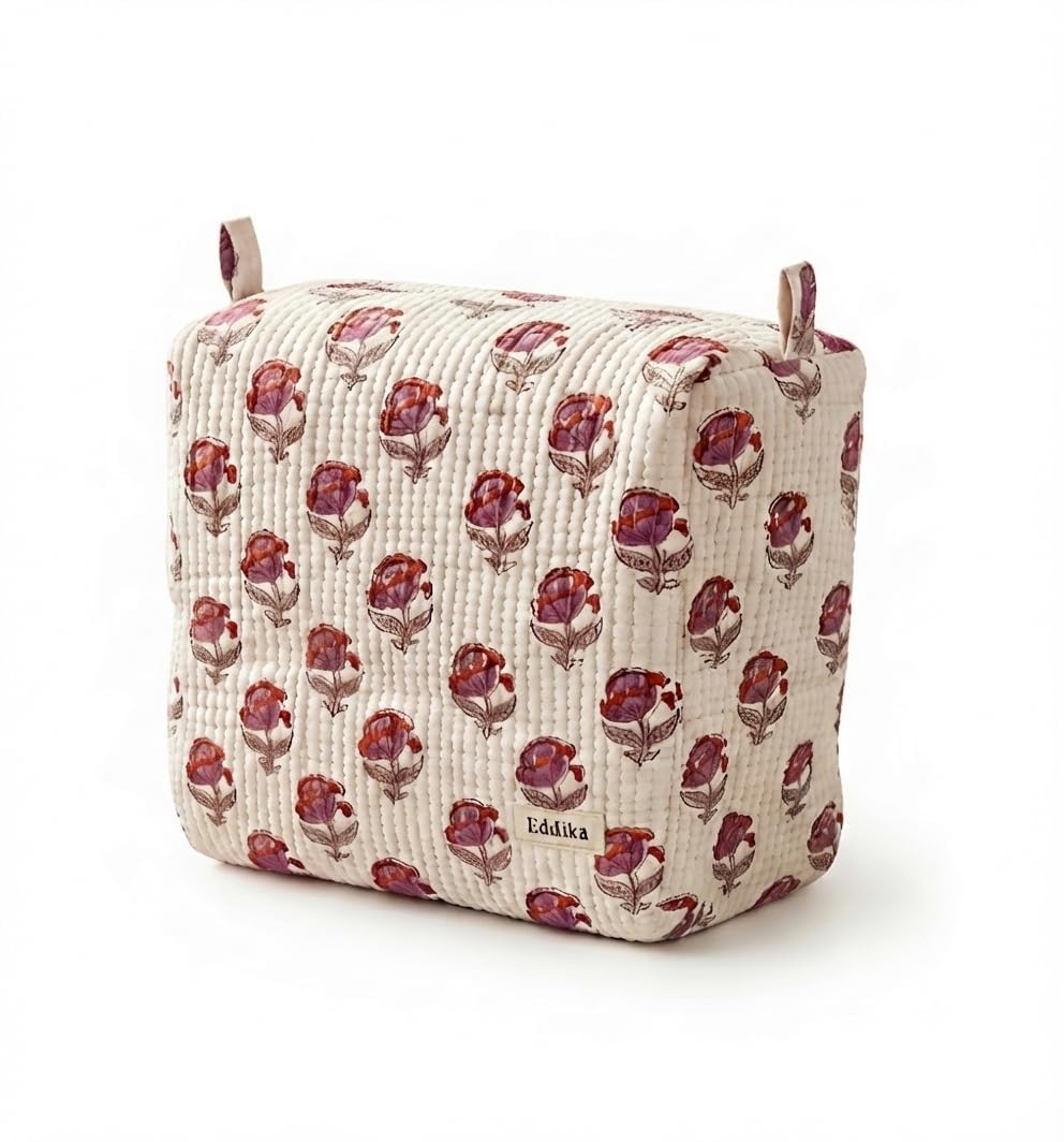 Quilted Hand Block Printed Cotton Multipurpose Extra Large Cosmetic Bags for Storage, Travel Kit, Makeup Organizers,Toiletry Bag (White &red) (White & Red)-image-39