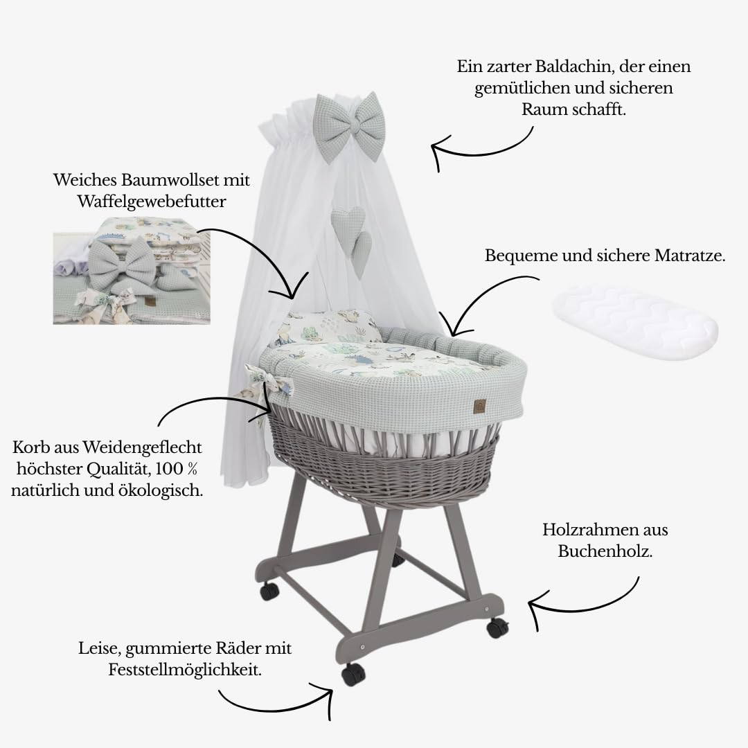 kosz Mojżesza z baldachimem Lena – wózek wiklinowy z wikliny ze stelażem – kosz dla niemowląt w kolorze szarym, kompletny zestaw z 5-częściową pościelą waflową z jeżem i przyjaciółmi, szary