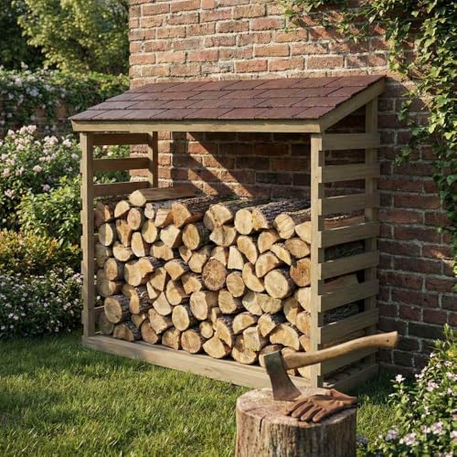 SUNWOOD Leñera de exterior de pino Clase 4 – 204 x 70 x 184 cm – Techo con revestimiento de pizarra – Leña protegida y seca
