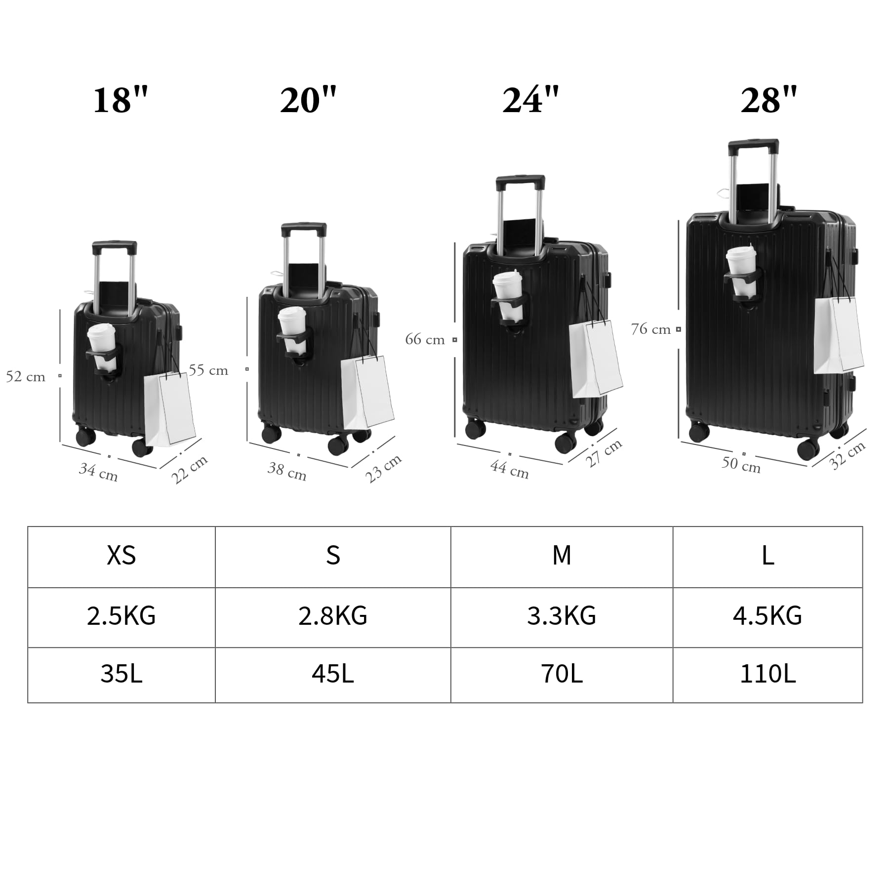 Maleta Cabina 55x38x23 cm Equipaje de Mano Rígido con Portavasos y Soporte para Móvil, Trolley de Viaje con 4 Ruedas Desmontables, Gancho para Bolsas y Doble Cerradura