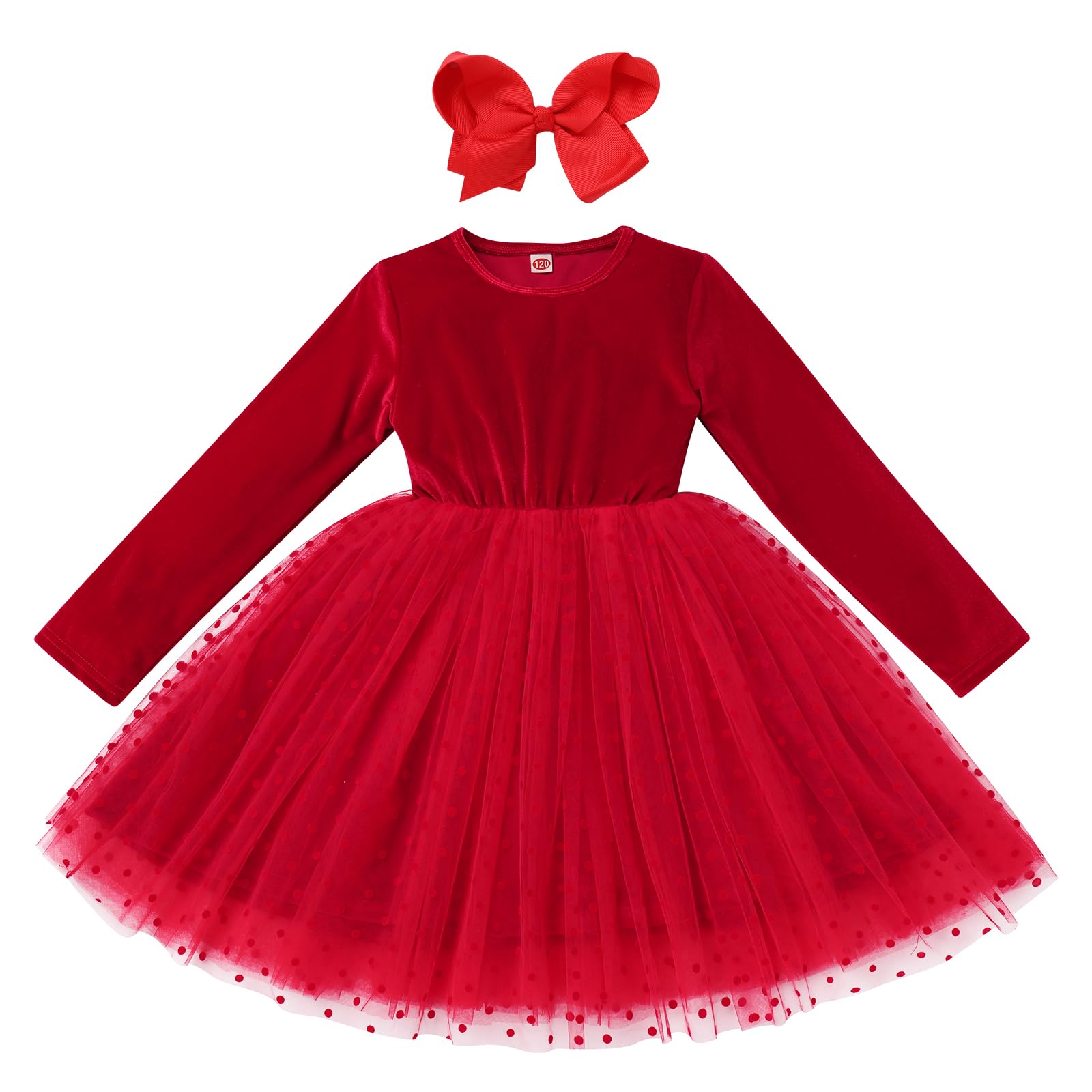 IDOPIP Toddler Baby Girls Velvet Dress Headband Outfit Sequin Tulle Tutu Long Sleeve Christmas Birthday Party Dresses Kids Flower Girl Wedding Communion Gown Fall Winter Clothes Red 3-4 Years