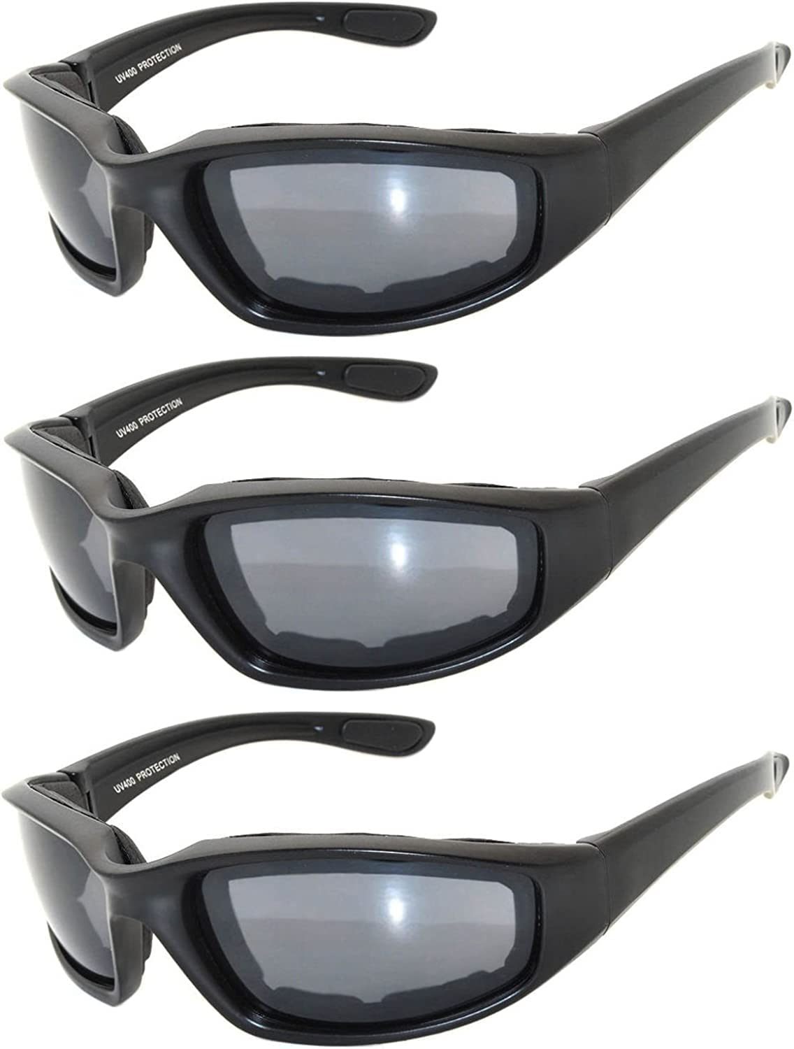 OWL 3 Pack Motorcycle Riding Glasses, Padded Sport Sunglasses, Assorted Colors for Men and Women