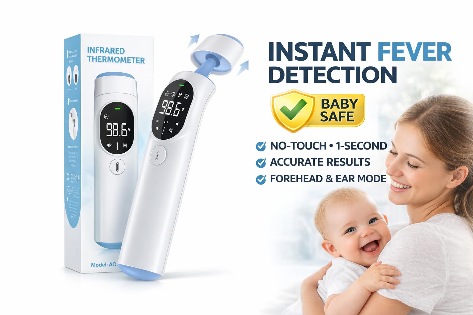 Digitales Infrarot-Thermometer mit Bluetooth, 4-Modi-Temperaturscanner für Stirn und Ohr, Farbanzeige, für 3 Monate und älter