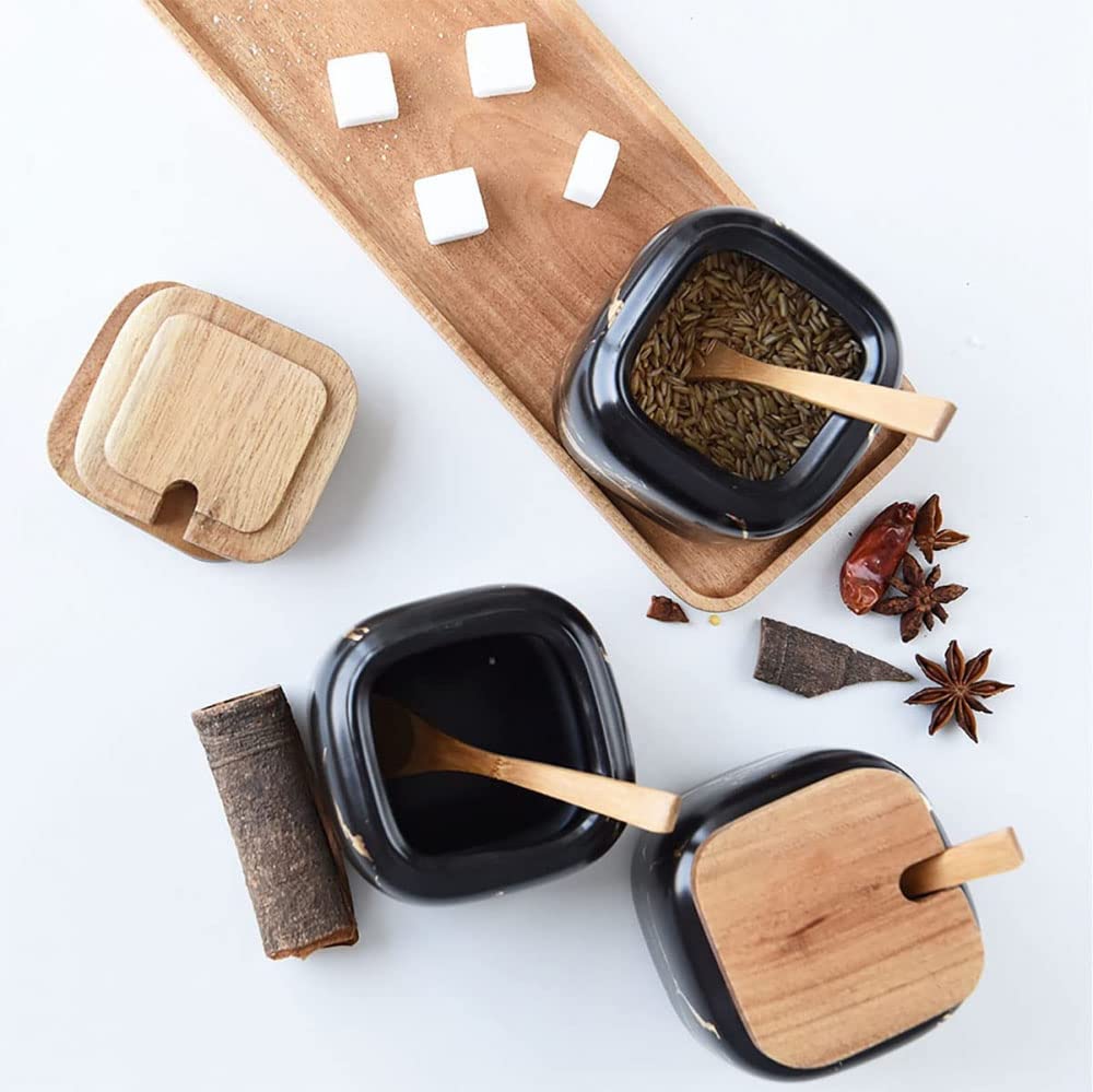 LPY Lot de 3 Pots à épices en céramique, Pot à épices de Cuisine en marbre Mat, Pot en céramique avec Couvercle, cuillère et Plateau, Parfait pour la Cuisine-White