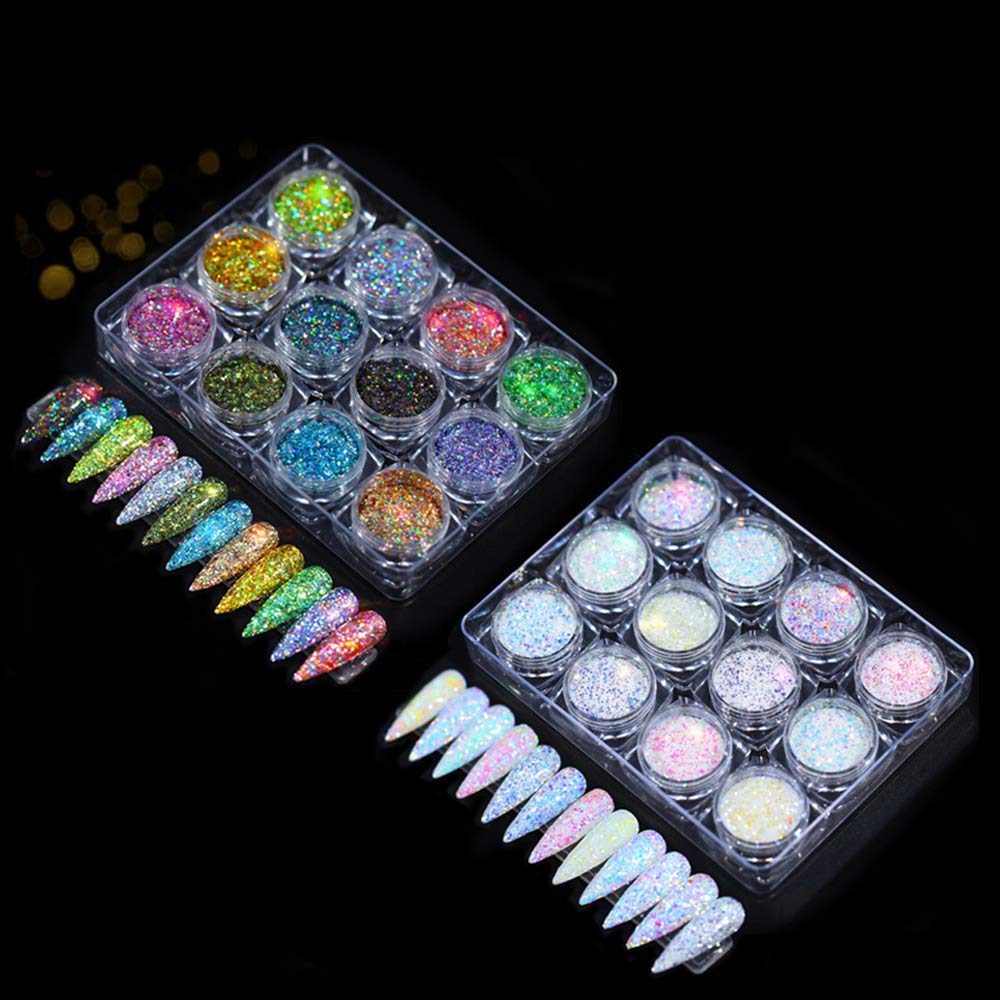 Holographic Powder Set- 24 Jars Flashing Crystal Sequins, Glitter Aurora Chameleon Powder Manicure Pigment for Nail Art Glitter