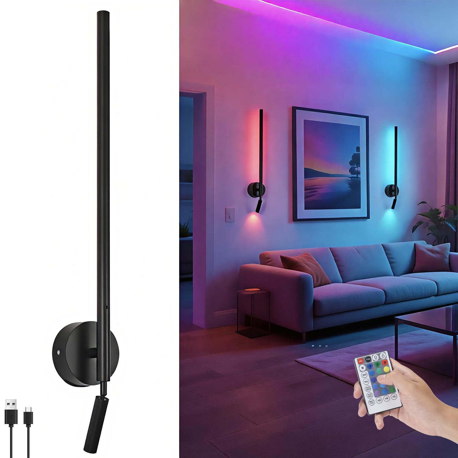 Wandleuchte Ohne Stromanschluss Dimmbar RGB Farbwechsel Akku Wandlampe mit Touch Control & Fernbedienung Kabellos Leselampe, 6000mAh Abnehmbare Batterie, USB Aufladbare, für Schlafzimmer Wohnzimmer