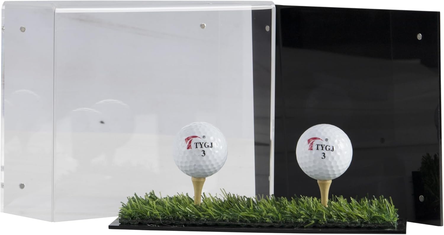 Golf Ball Display Case Stand with Turf Base, for balls from Hole-in-One or Best Score Games with backing to hold the scorecard