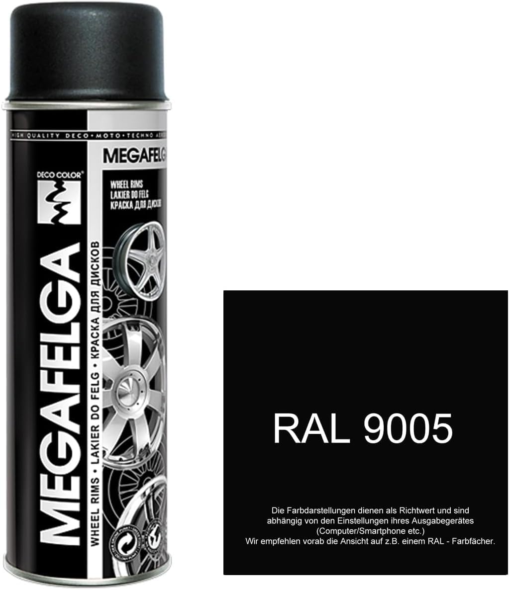 DECO COLOR 12er Sparpack MEGAFELGA 500ml - Felgenlack - Lackspray für Alufelgen und Stahlfelgen (12 Dosen 500ml Felgenlack Schwarz Matt)