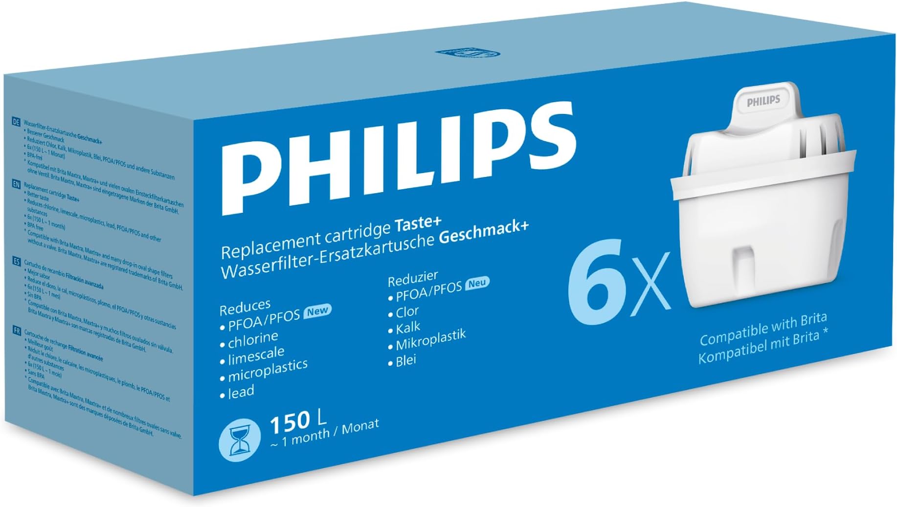 Philips Water Replacement Filter Cartridges Taste+, 6-Pack, Reduces MICROPLASTICS, Chlorine, LIMESCALE, Heavy Metals, Packaging May Vary, Compatible with Brita*