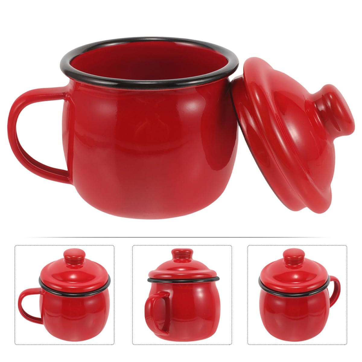Vintage Emaillebecher 580ml mit Deckel Rot für Zuhause