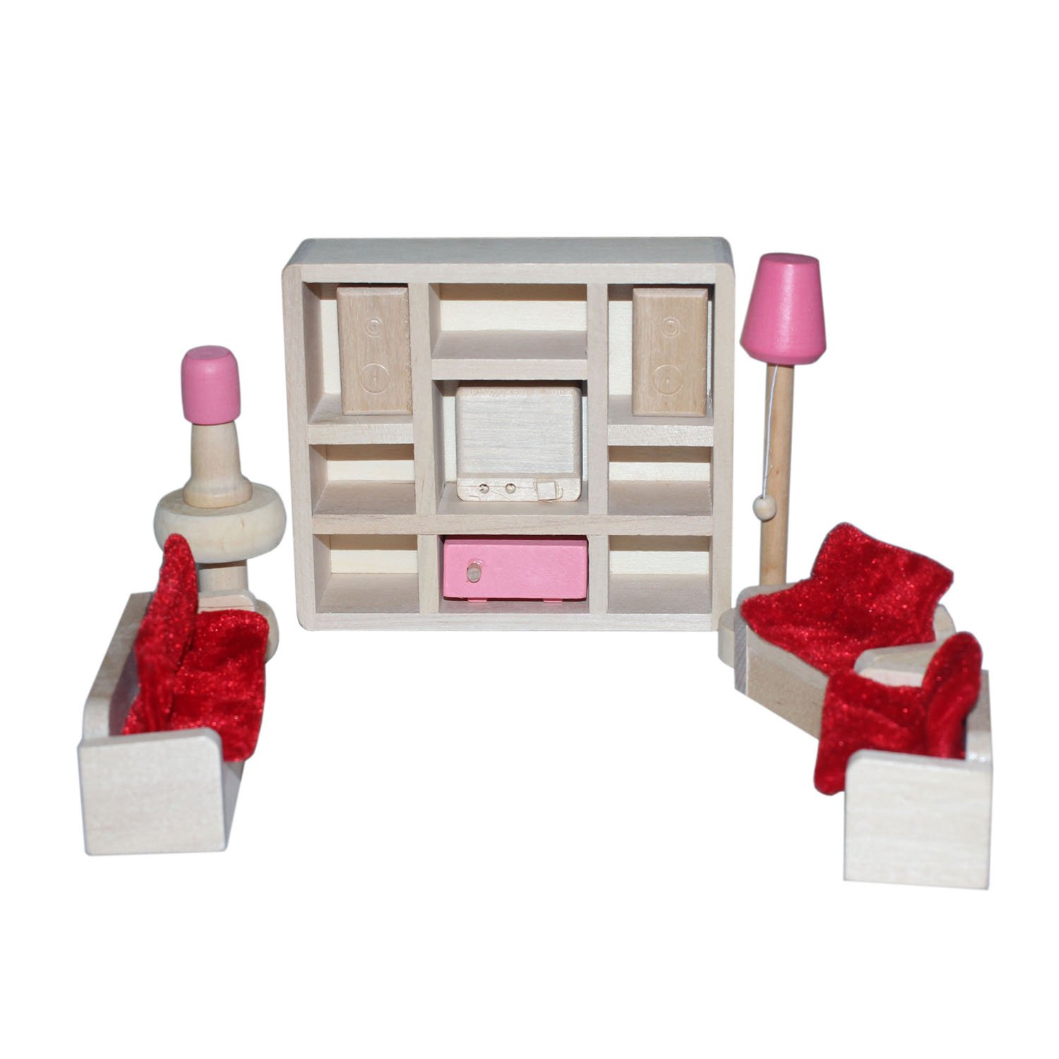Kunhe Wooden Dollhouse Furniture Living Room Set for Dollhouse Pink Color