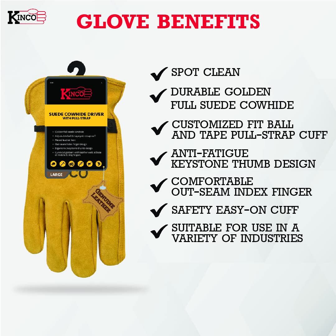 Kinco Work Glove, Suede Cowhide Leather with Pull-Strap - Durable, Anti-Fatigue Design, Construction, Farm, Ranch, DIY, Landscaping, General Use, (Style 50BT), Medium