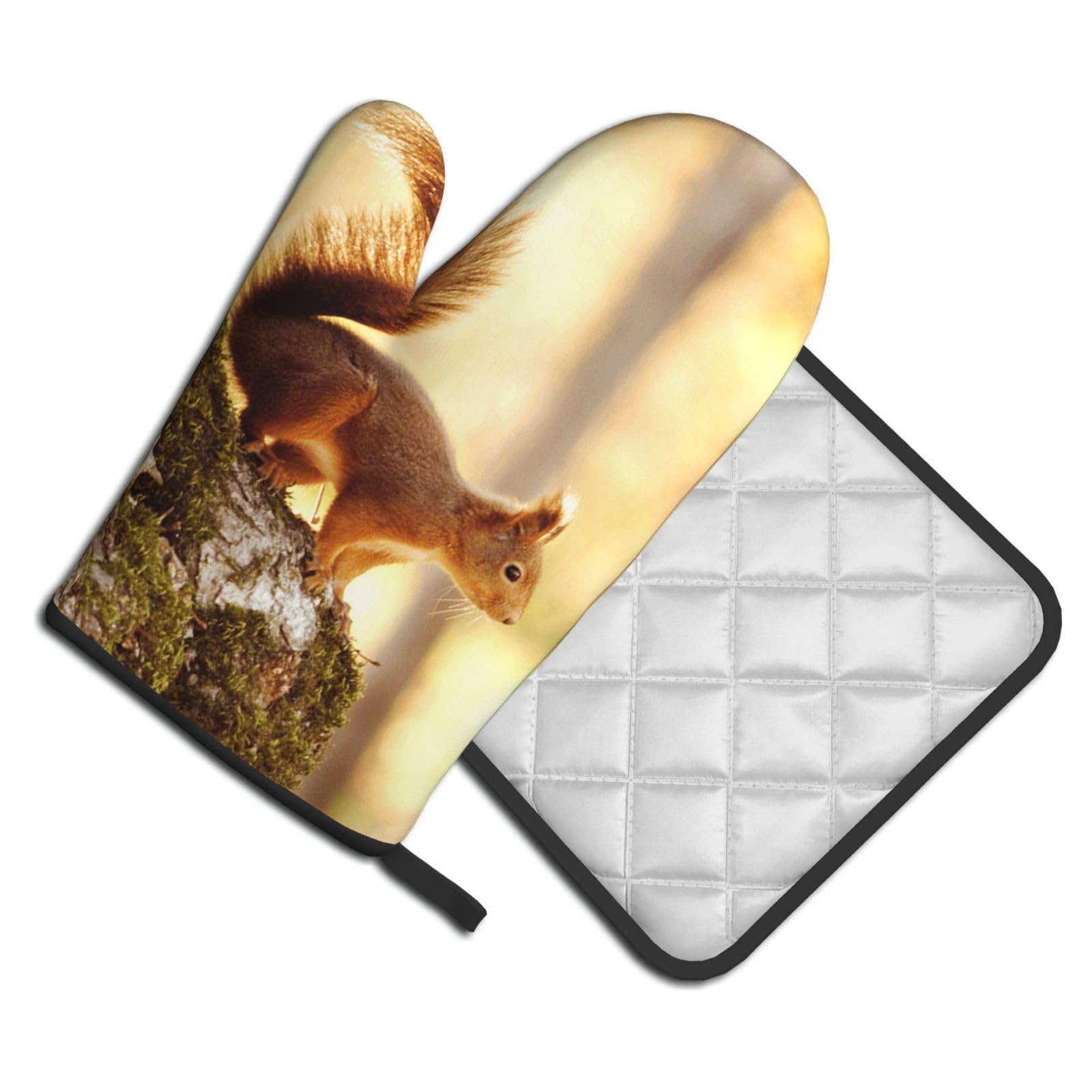 Oven Mitts and Pot Holders Set of 2 Pcs, Funny Squirrel Printed Heat Resistant Kitchen Gloves Potholders for Cooking Baking Grilling