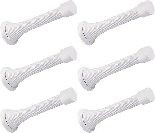 Paquete de 6 topes de resorte para puerta, color blanco, 3-14 pulgadas, flexibles con puntas de parachoques de goma blanca