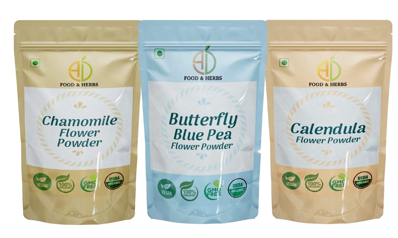 A D Food & Herbs Combo of Butterfly Pea Flower/Chamomile/Calendula Powder Aromatic Edible for Homemade Lattes, Tea Blends, Bath Salts, Face packs & Body packs (20 GMS x Pack of 3)-picture-48