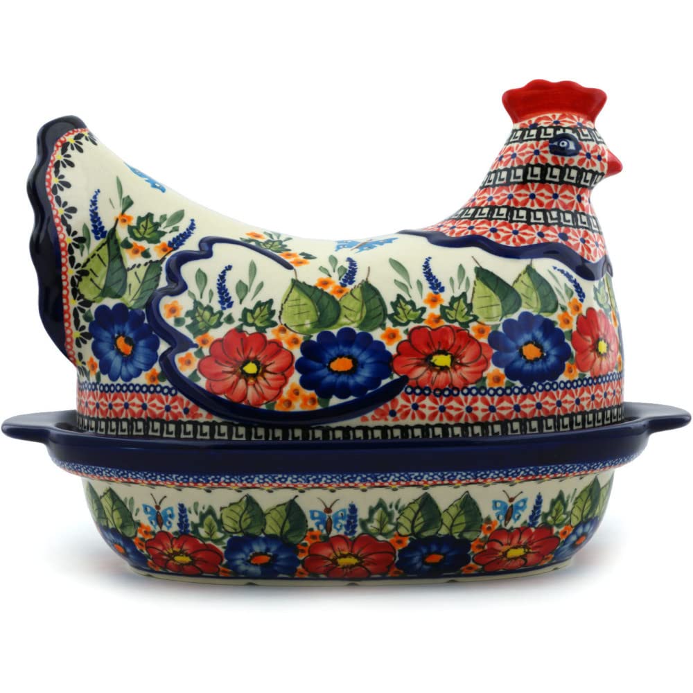 Polish Pottery Hen Shaped Jar 13-inch Spring Splendor UNIKAT