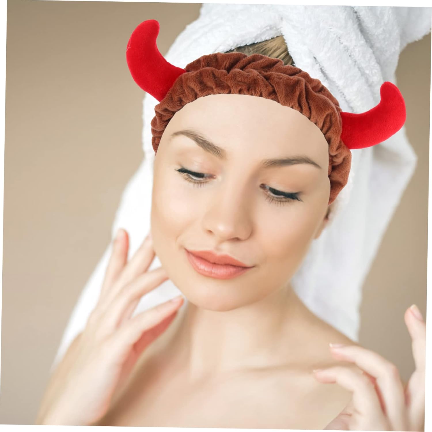 Beaupretty 2 Pack Spa Headband for Women, Devil Horns Facial Headband Face Wash Makeup Cosmetic Shower Soft Hair Band (White, Coffee)
