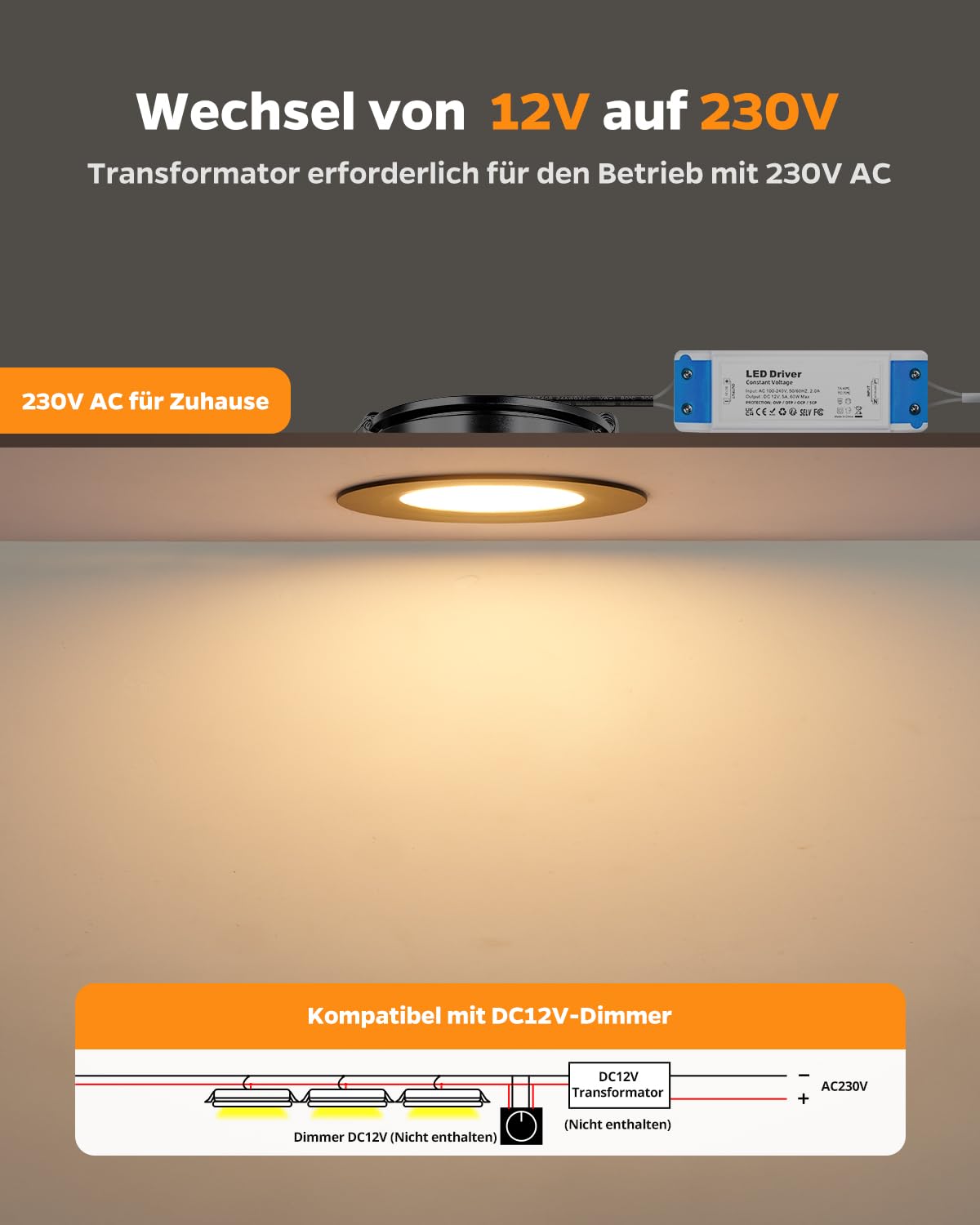 Sanyoung 3er Set LED Einbaustrahler 12V, 3W Alu LED Spot 12V Dimmbar 3000K Warmweiß 240LM, 12mm Ultra Flach Einbauleuchten Spots Loch 58-62mm, IP44 Einbauspots für Boot Wohnwagen Schrank, Schwarz