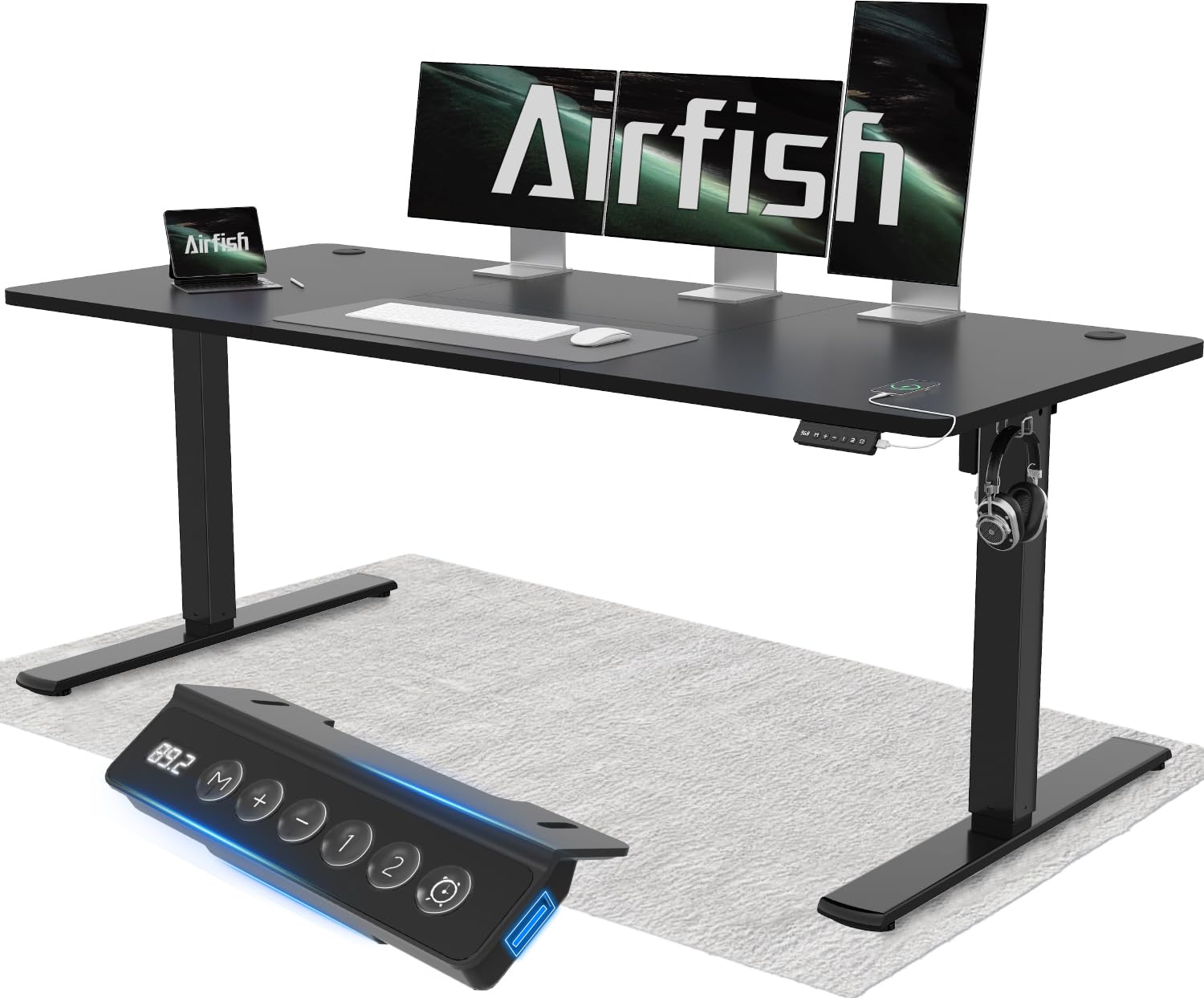 Airfish Höhenverstellbarer Schreibtisch 120x60cm mit USB-Buchse, Schreibtisch Höhenverstellbar Elektrisch mit Memory Funktion, 73-118cm, Weiß