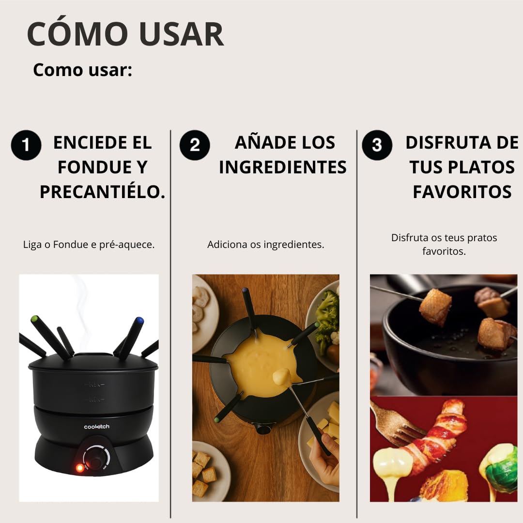 Fondue Eléctrico para 6 Personas, Fondue para Queso, Chocolate, Carne, Caldo y Más, Capacidad de 1.3L, Antiadherente, Termostato Regulável