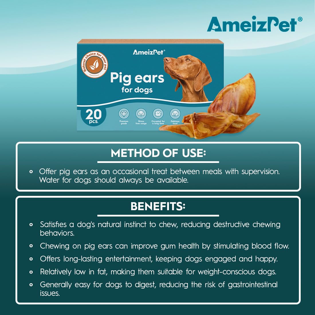 AmeizPet Oreille De Porc pour Chien, 100% Naturel Oreilles De Cochon, Résistant Mastication Friandise Chien, 20 Pièces