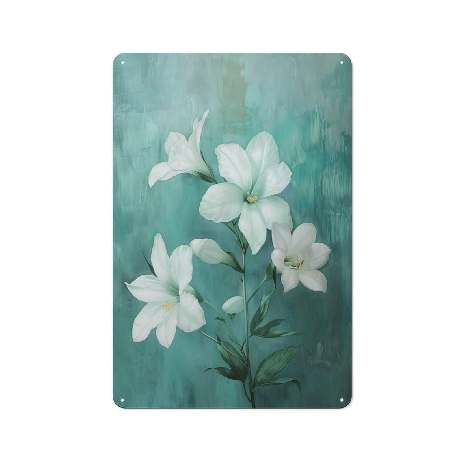 Junmoney Style-4 White Lilies On Teal Background Rustic Tin Sign 30X20cm For Hallway Wall, For Home Decor Fans Who Collect Metal Signs