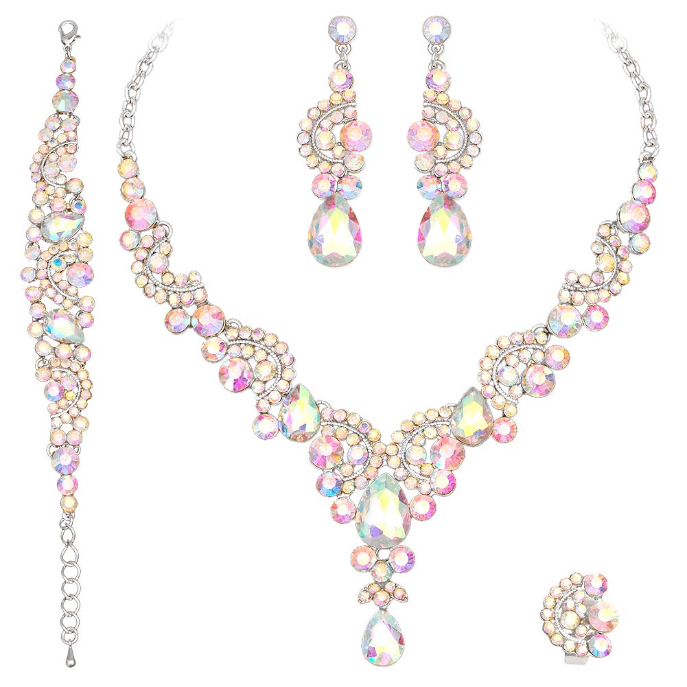 Elegant Crystal Necklace Earrings Bracelet Ring Bridal Wedding Party Costume Jewelry Sets for Brides Women