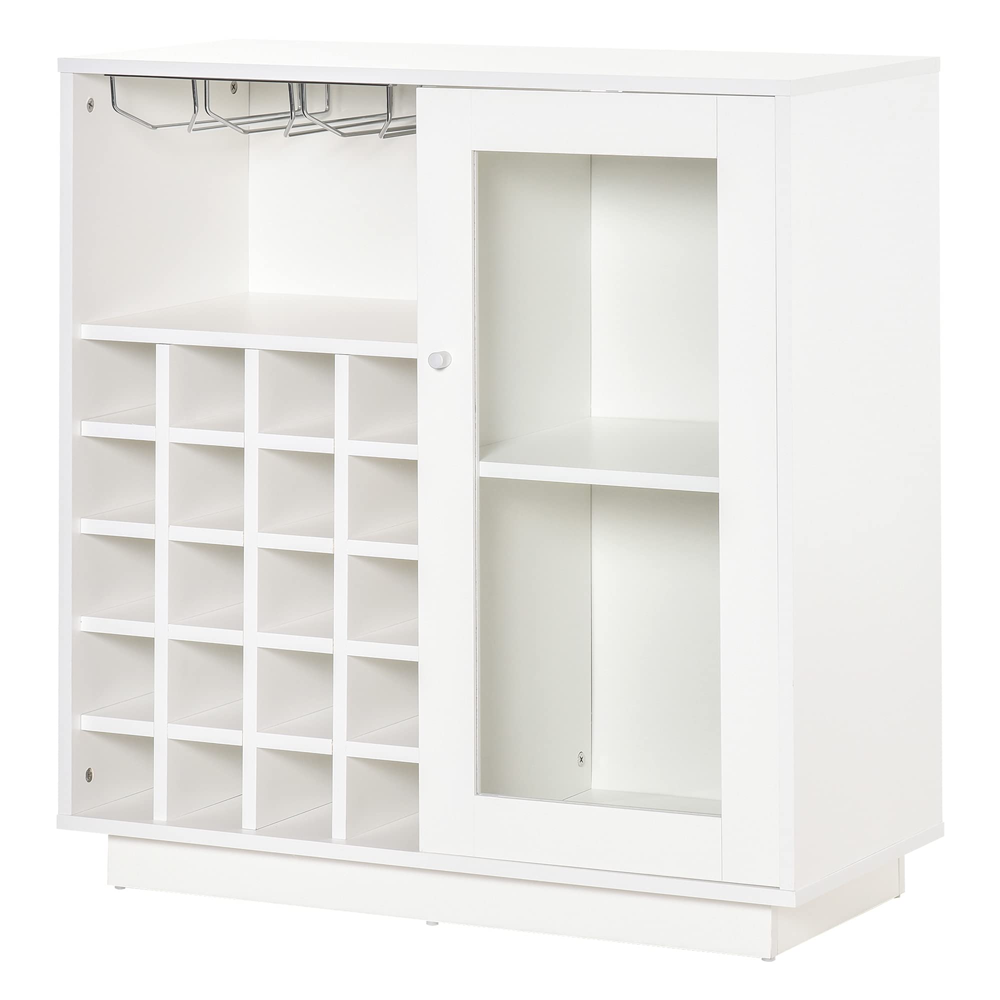 HOMCOM Mobile Portabottiglie con Porta Calici e Armadietto, Cantinetta Portabottiglie con Anta in Vetro, Porta Vini per 20 Bottiglie, 80x36x85 cm, Bianco