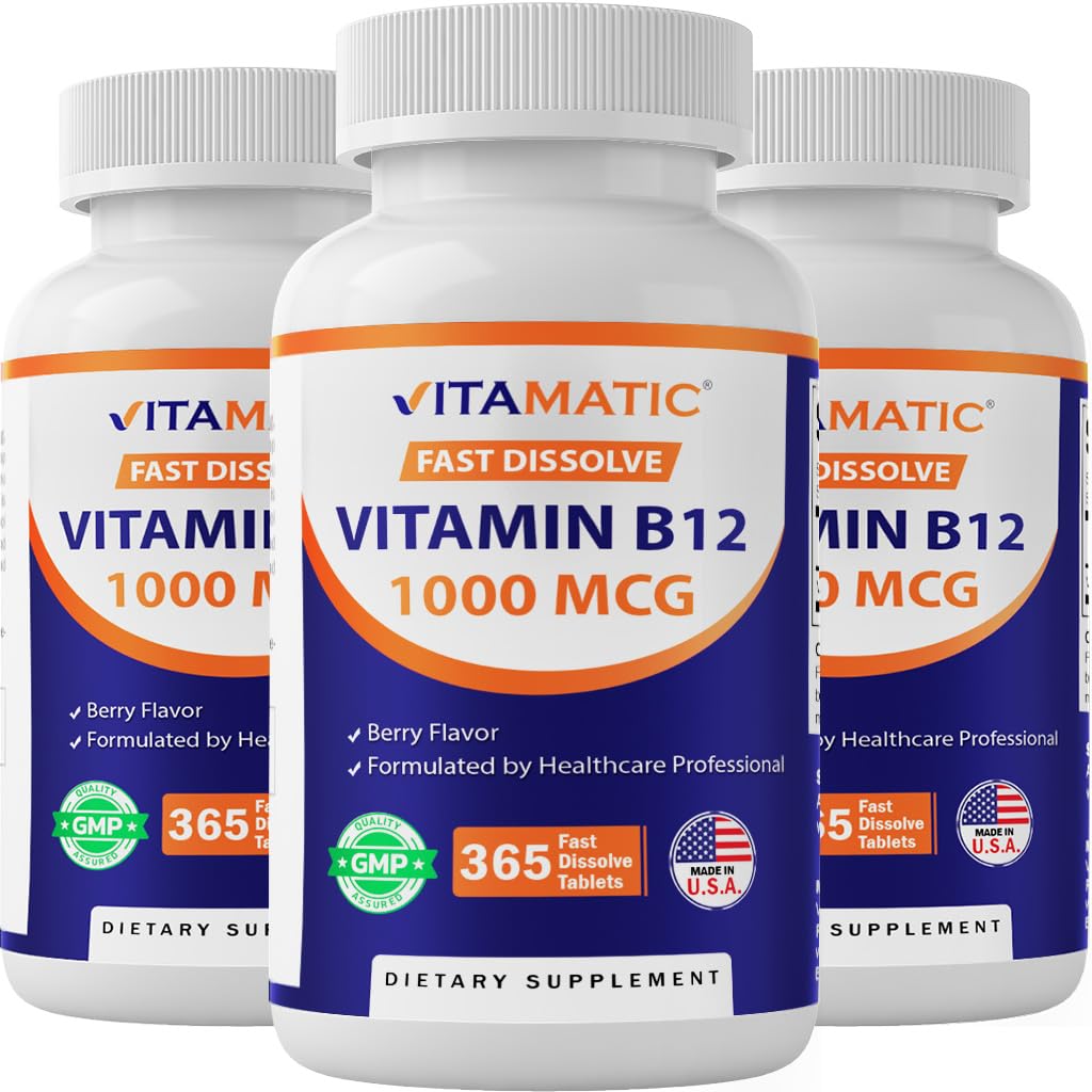 Vitamatic Vitamin B12 1000 mcg Fast Dissolve – 365 Tablets per Bottle - 3 Bottles – Natural Berry Flavor – Supports Energy Metabolism & Nervous System Health