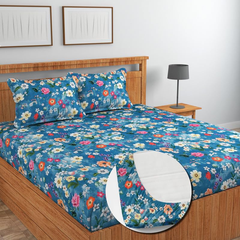 Image of NEW LEAF Cotton Fitted King Size Bedsheets with 2 Pillow Covers | Elastic Fitted | Wrinklefree | Ultrasoft |Winter Bedsheet 220 tc tc Floral | 710x72+10 Inches, Blue White