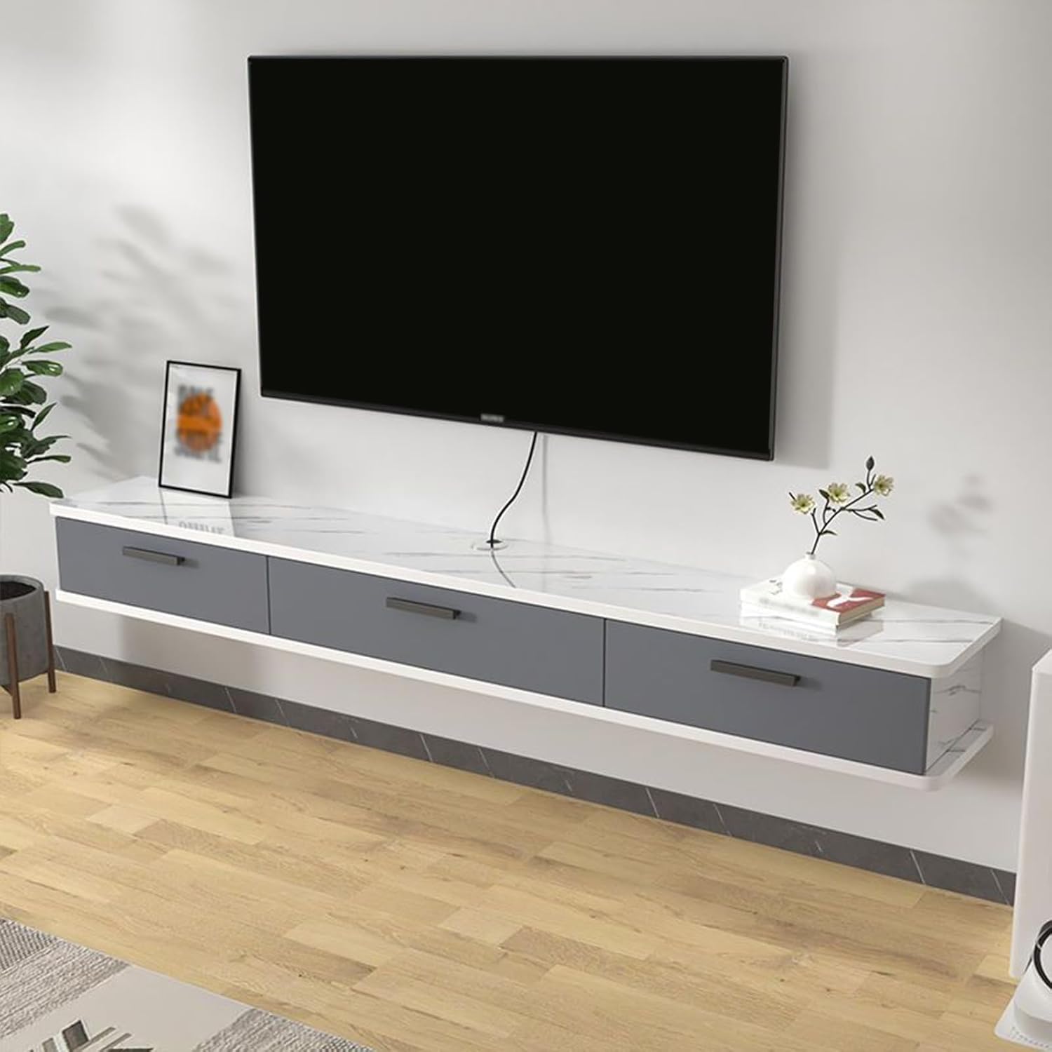 Floating TV Stand Wall Mount with Flip Door - Modern 120x22x20CM Console Shelf for Living Room Storage - Sleek Gray Stripes Design, Space-Saving TV Cabinet.