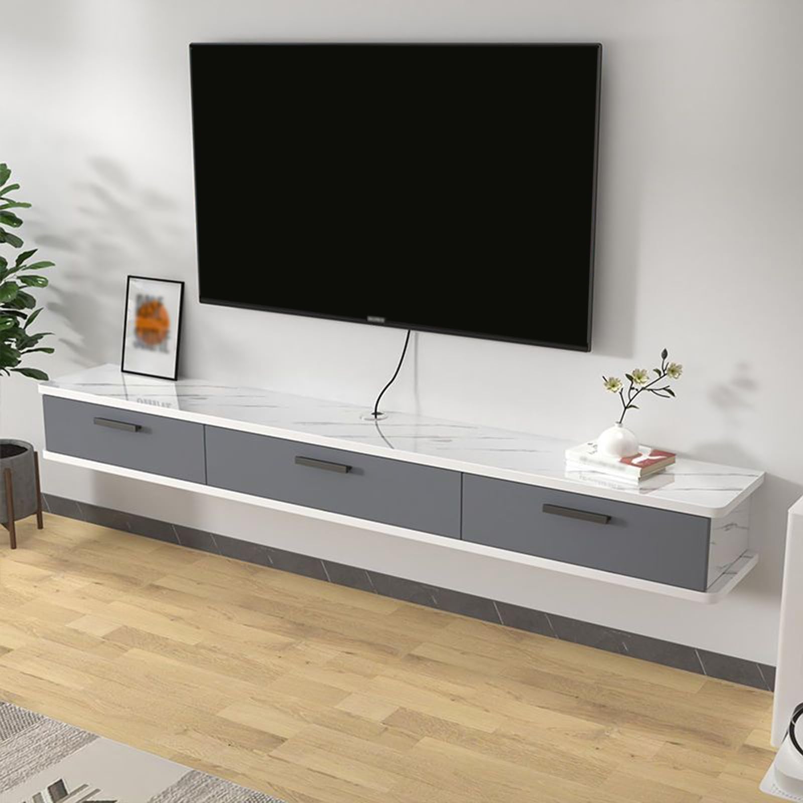 TABOJS Soporte Flotante para TV, Soporte de Pared, Estante Largo para Consola de TV con Puerta abatible, Almacenamiento en el hogar para Sala de Estar, 140x22x20CM, Rayas Grises, Elegante Mueble para