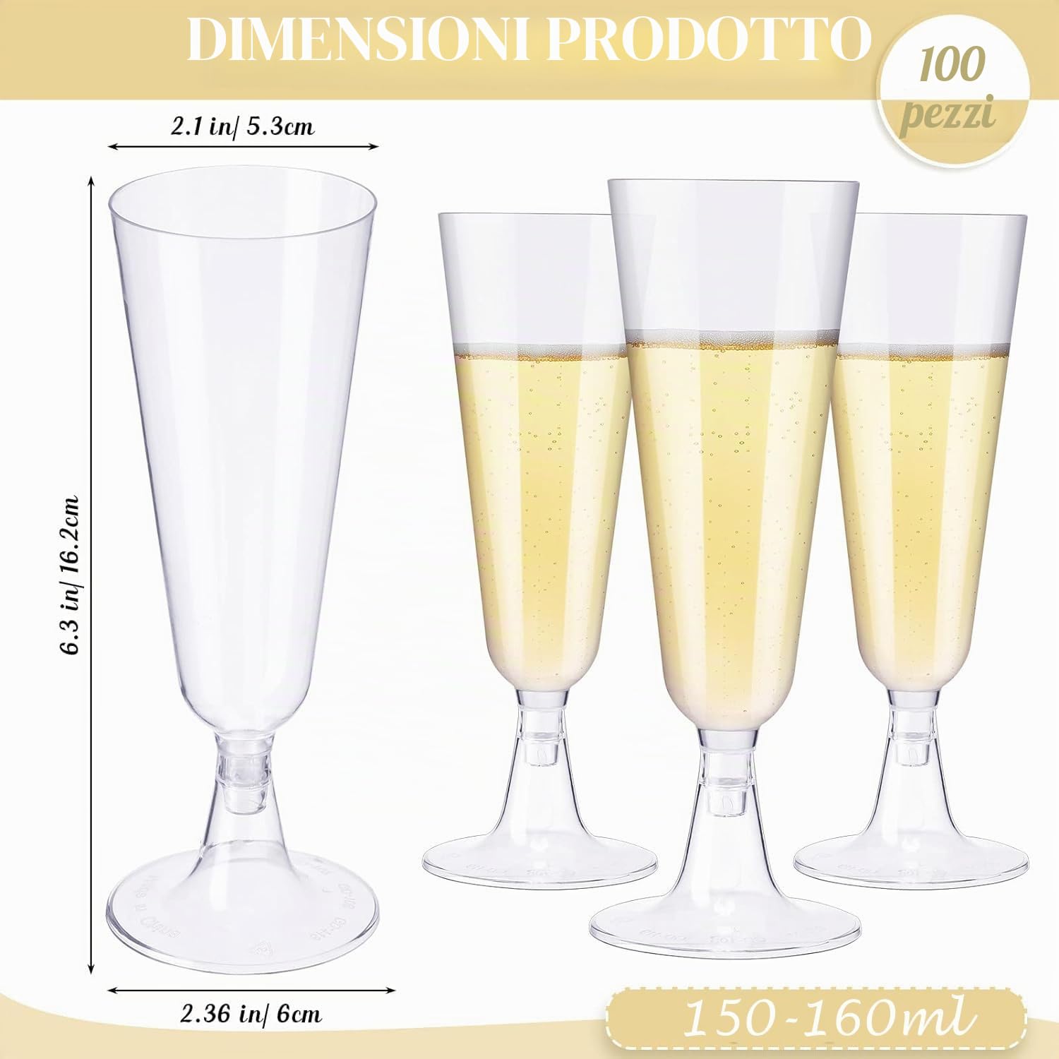 JMIATRY 100 Pezzi Flute Plastica 150ML, Calici Plastica Usa e Getta Riutilizzabile, Calici Vino Riutilizzabile per Feste, Matrimoni, Compleanni