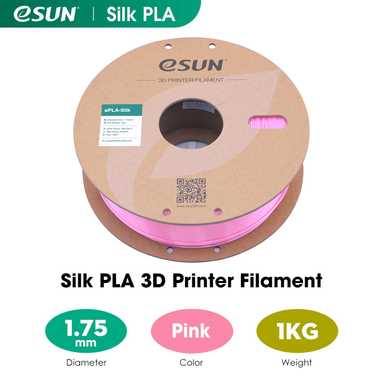 eSUN Filamento PLA Seta 1.75mm, Filamento PLA per Stampante 3D Lucido Serico, Precisione Dimensionale +/- 0.05mm, Bobina da 1KG (2.2 LBS) Filamento per Stampa 3D per Stampanti 3D, Seta Rosa