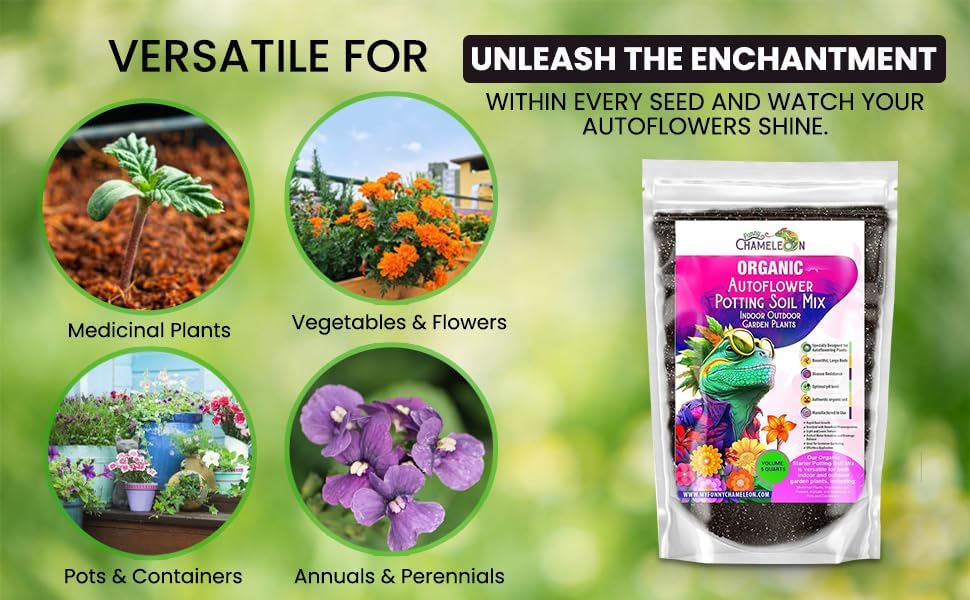 Miniatura 5 de Funny Chameleon - Mezcla orgánica de tierra para macetas autofloreciente, perfil de nutrientes equilibrado, textura ligera y aireada, propiedades de