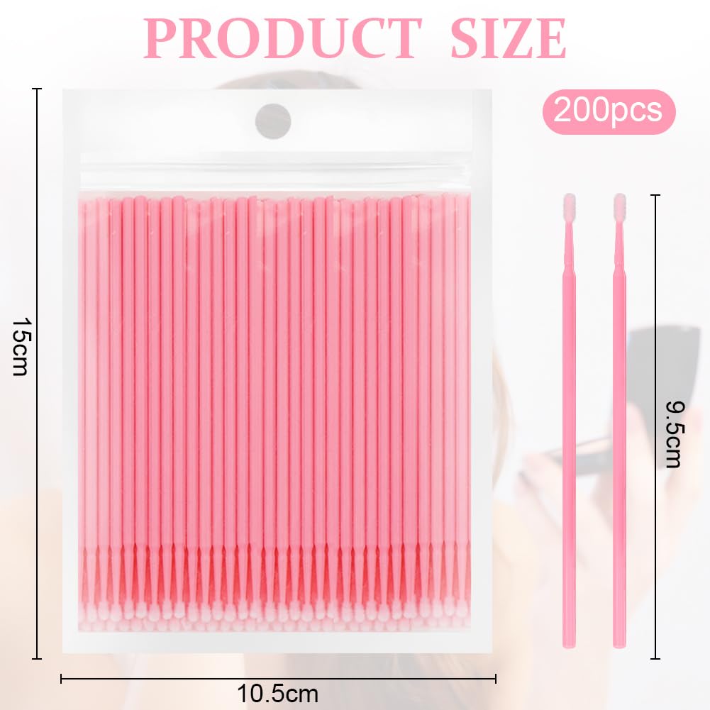 200 PCS Microcepillos Aplicadores Desechables, Ultrafeine Microbrush para Extracción de Pestañas y Maquillaje, Rosa
