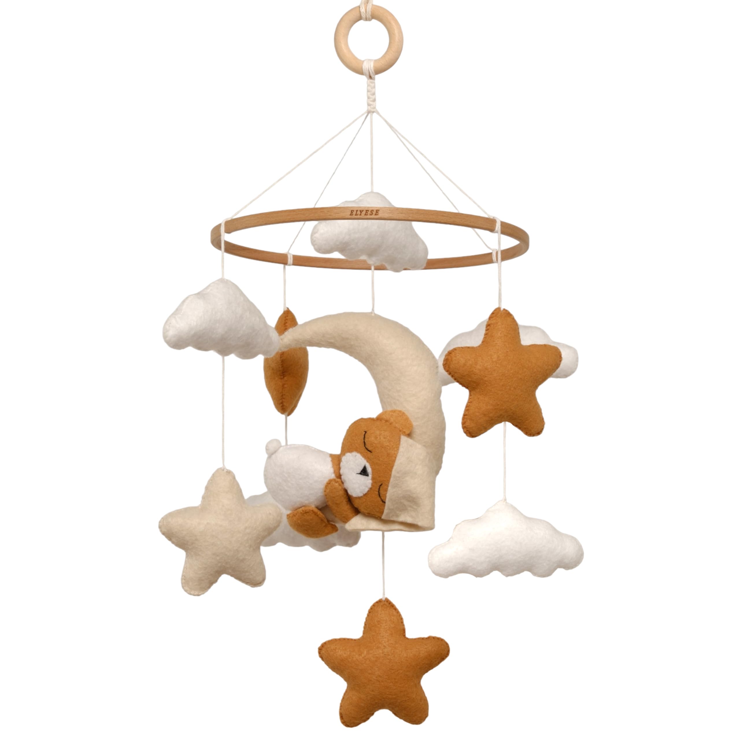 Sleeping Bear Baby Mobile for Crib, Handmade Felt Crib Mobile, Baby Crib Mobile with Cloud and Stars, Nursery Baby Mobile for Bassinet, Crib Mobile for Girls and Boys (Cinnamon)