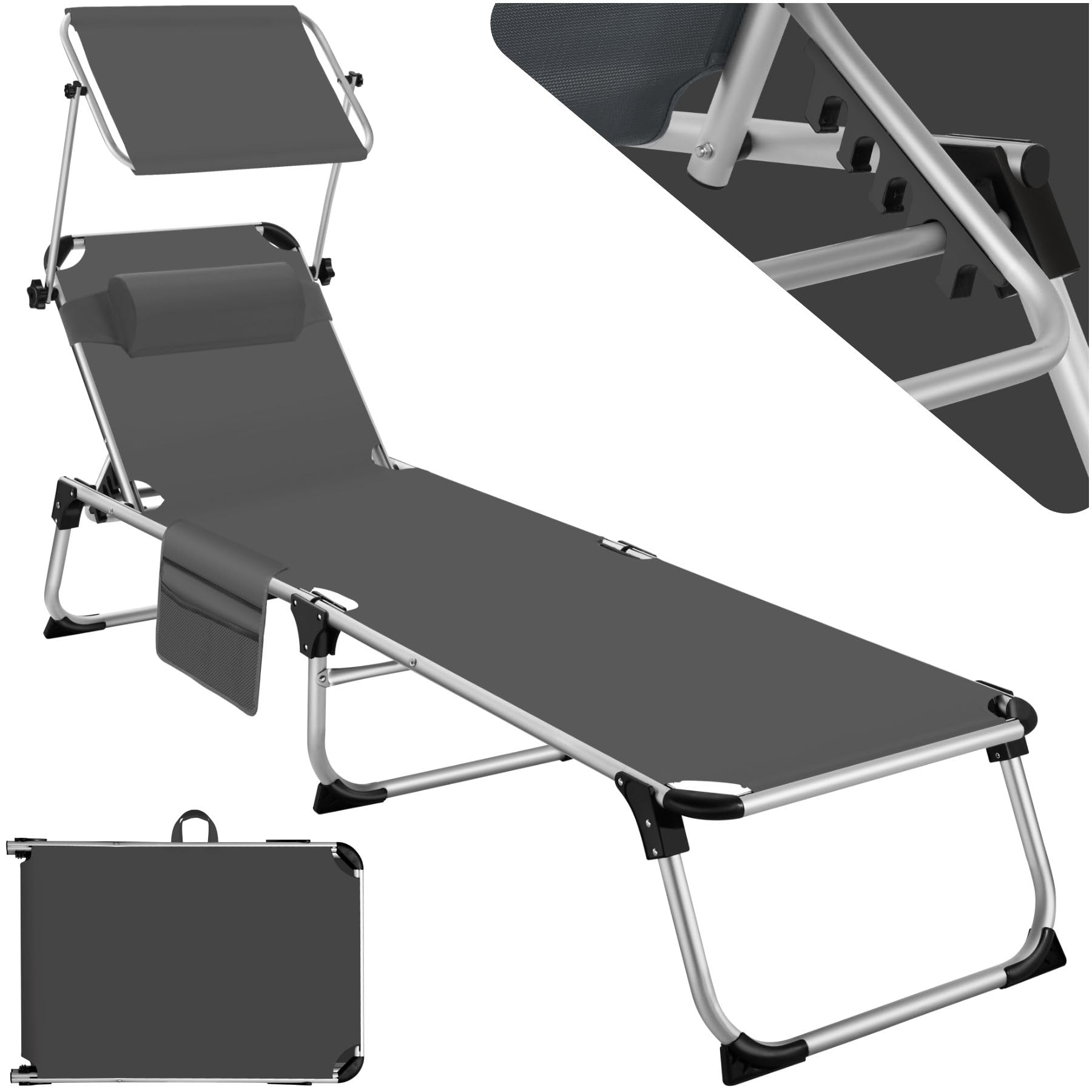 tectake® Tumbona Jardín Exterior de Aluminio, Tumbona Plegable con Reposacabezas, Parasol y Bolsillo Lateral, Tumbona Playa Reclinable 6 Posiciones, Tumbona Piscina Resistente a Intemperie - gris jasp
