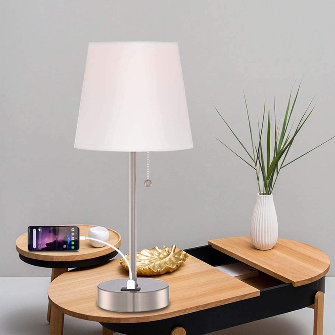 Lámpara de Mesa de Noche USB, lámpara de Noche con Puerto de Carga USB, Base de Metal y lámpara de Escritorio LED de Sombra de Tela Blanca para Dormitorio, Sala de Estar, Oficina