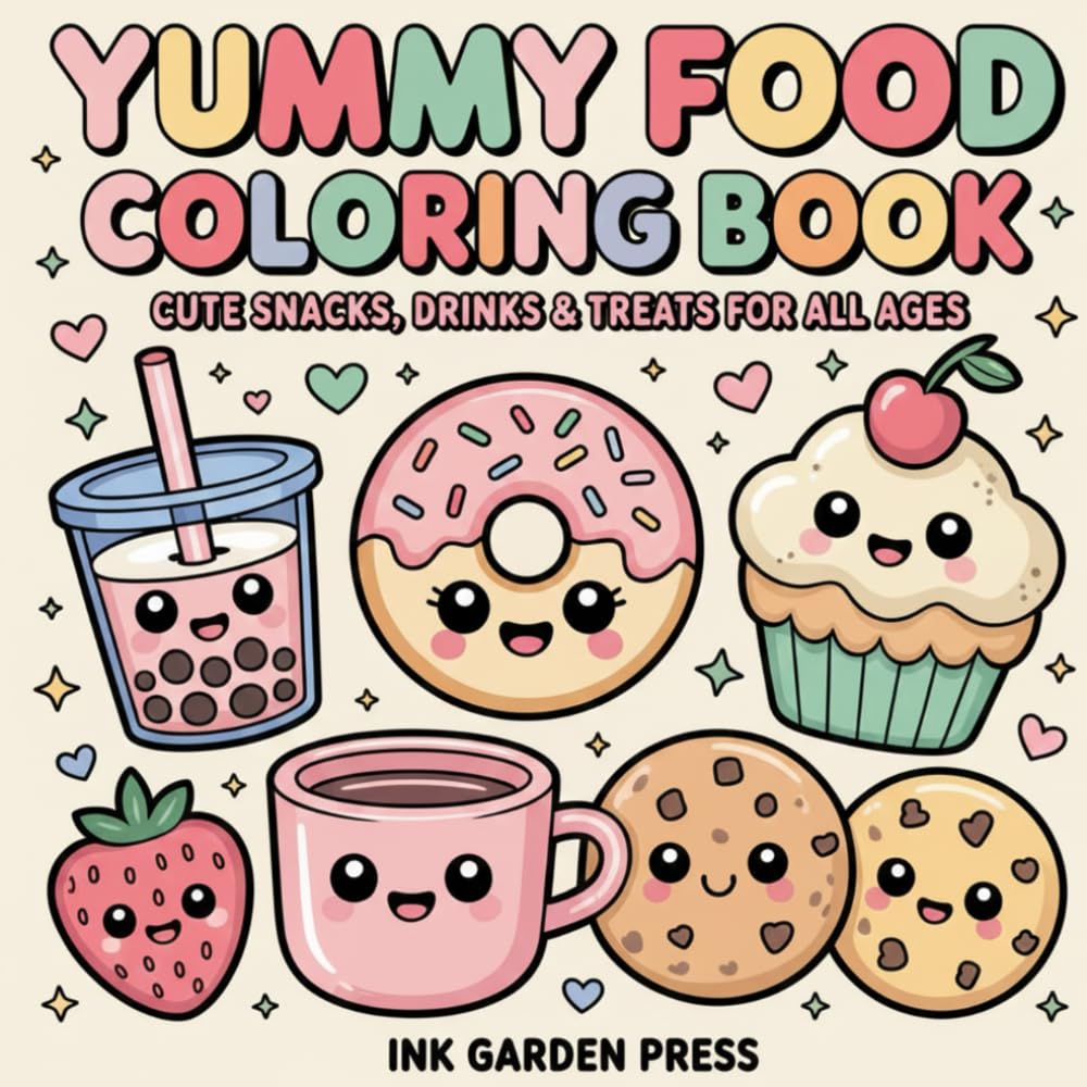 Yummy Food Coloring Book: Cute Snacks, Drinks & Treats for All Ages: Relaxing & Fun Kawaii-Style Coloring Book for Kids and Adults