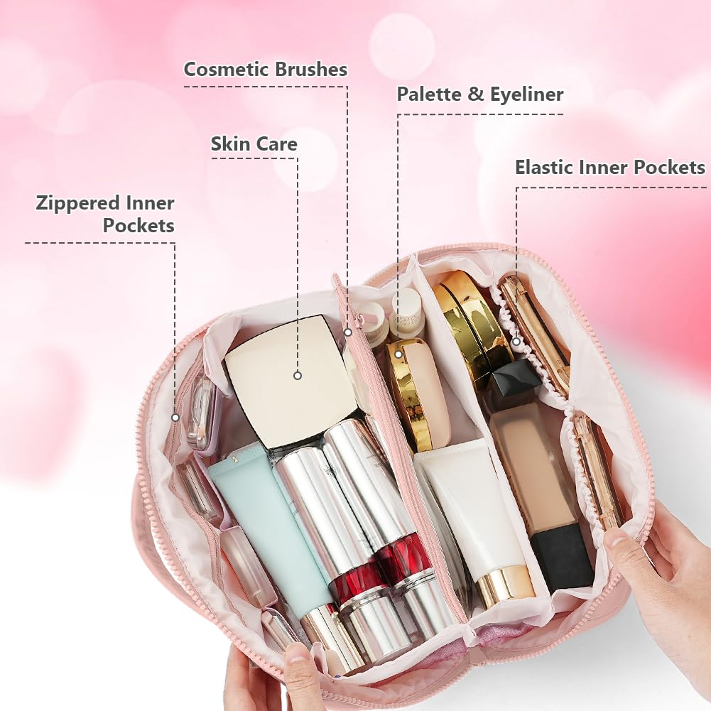 URAQT Trousse de Maquillage Femme Rose, Trousse de Toilette Grande Capacité, Sac Cosmétique de Voyage Léger Lavable en Machine avec Compartiments & Ouverture à Plat, pour Voyage Bureau Quotidien - 3