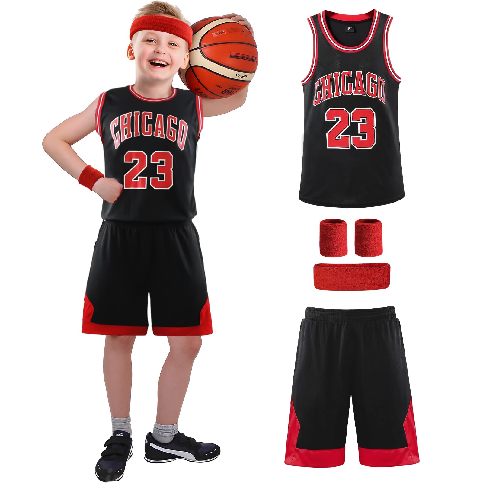 Camiseta Baloncesto Niño Adulto 5 Piezas Camisetas y Pantalones de Baloncesto con Muñequeras, Camiseta Sin Mangas, Trajes de Baloncesto Equipación Baloncesto para Niños Adultos Verano Entrenamiento