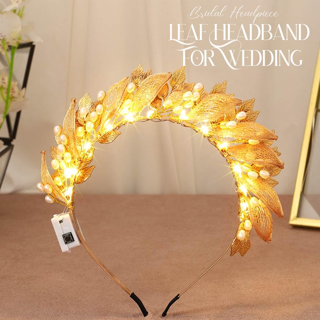 Atigy Gold Light Up Headband Leaf Wedding Headpiece Pearl Bridal Hair Accessories for Women - Image 2